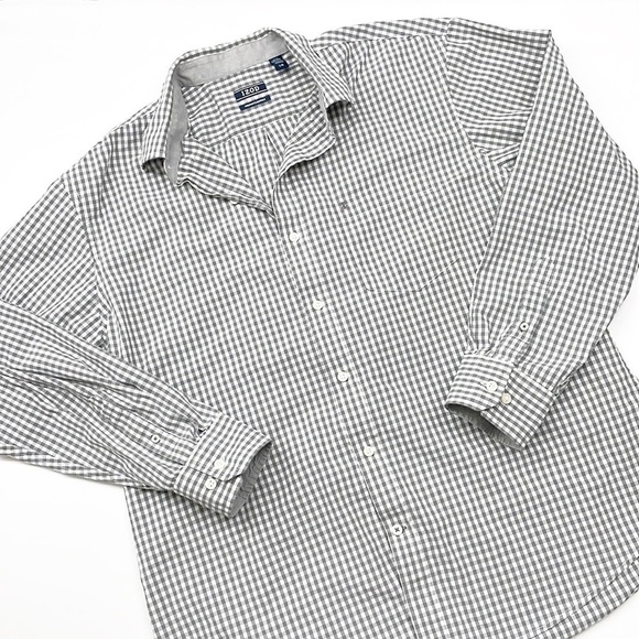 Izod gray/white plaid print men's long sleeve button down shirt - Picture 1 of 5